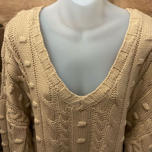 AFRM Sweater Tunic Chunky Cable Knit V Neck Tan Sand Boston Long Oversized XS/S - Picture 5 of 10
